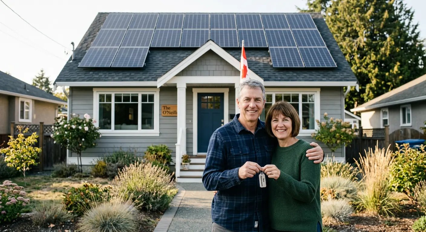Happy Canadian homeowners with solar panels