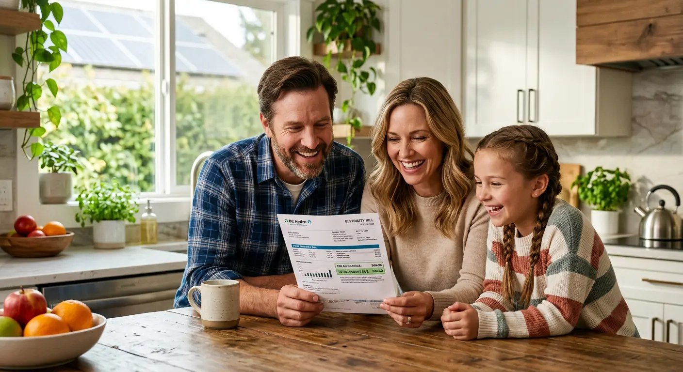 Happy Canadian family saving on energy bills