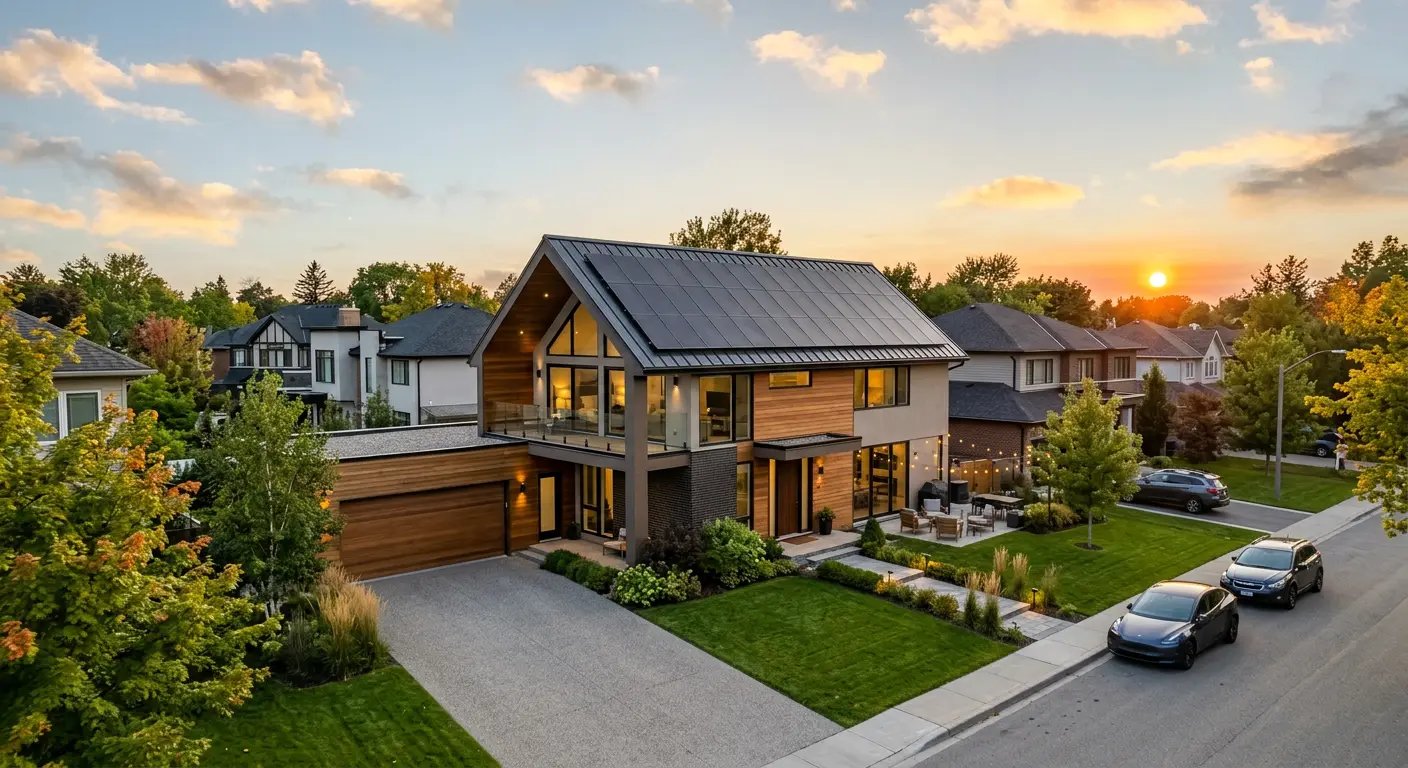 Beautiful Canadian home with solar panels on roof